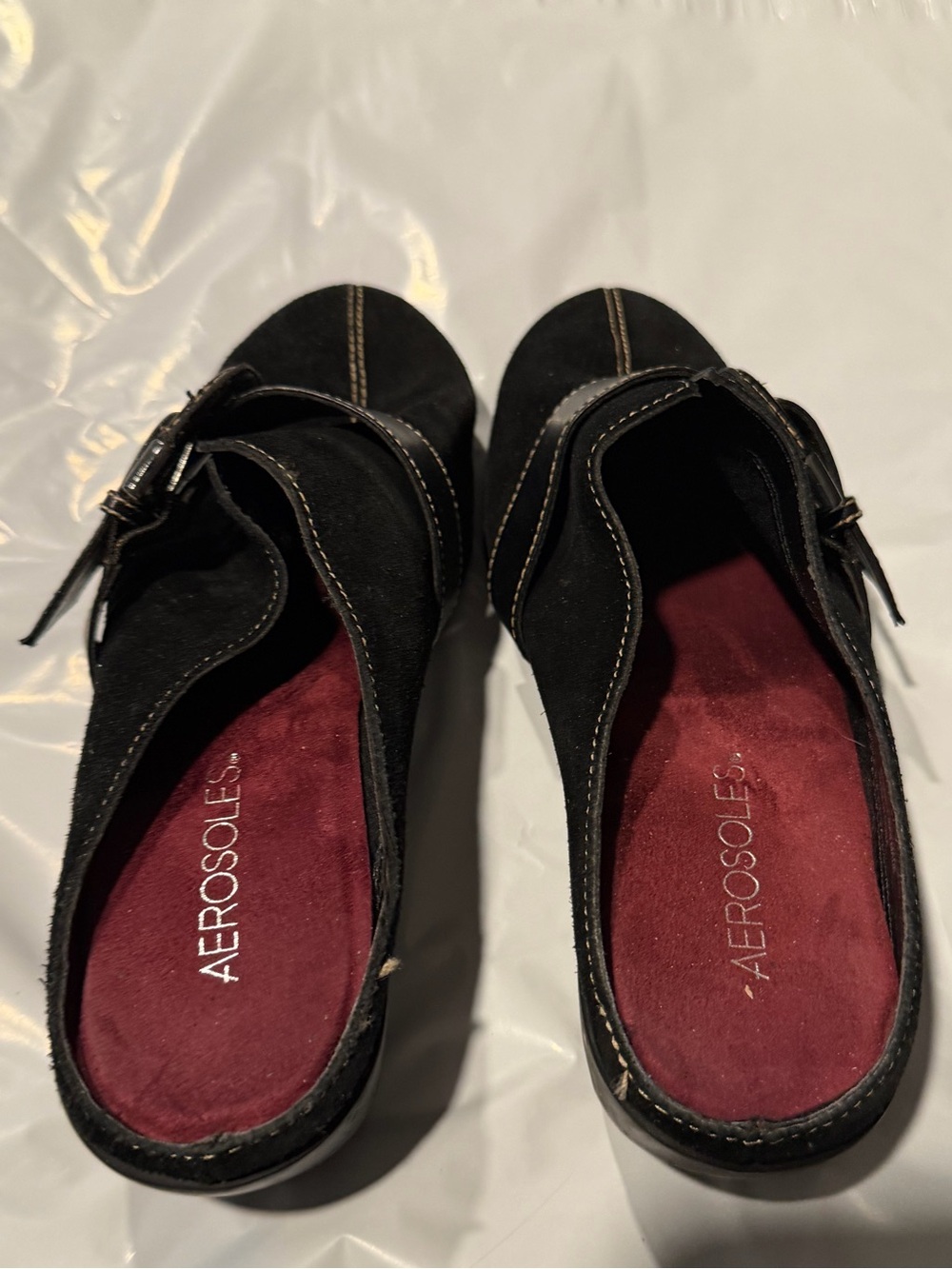 AEROSOLES Black Suede Open-Back Sandals with Burgundy Insole